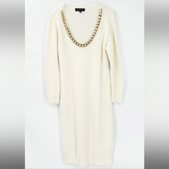 ELOQUI SWEATER DRESS CREAM WITH CHUNKY GOLD CHAIN NECKLINE SIZE 18 - Picture 4 of 12